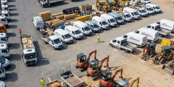 Betriebshof mit Fuhrpark aus Transportern, Lkw und Baumaschinen für Bau- und Infrastrukturdienstleister