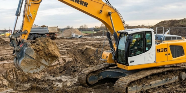 Máquina de construcción (excavadora) en la obra