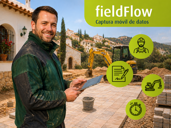 Ein Mann steht auf einer Baustelle und nutzt ein Tablet; im Hintergrund ein Bagger und Gebäude. Rechts sind Icons und der Text ‚fieldflow – Captura móvil de datos‘ mit Kategorien wie Mitarbeiter, Formulare, Geräte und Arbeitszeit dargestellt