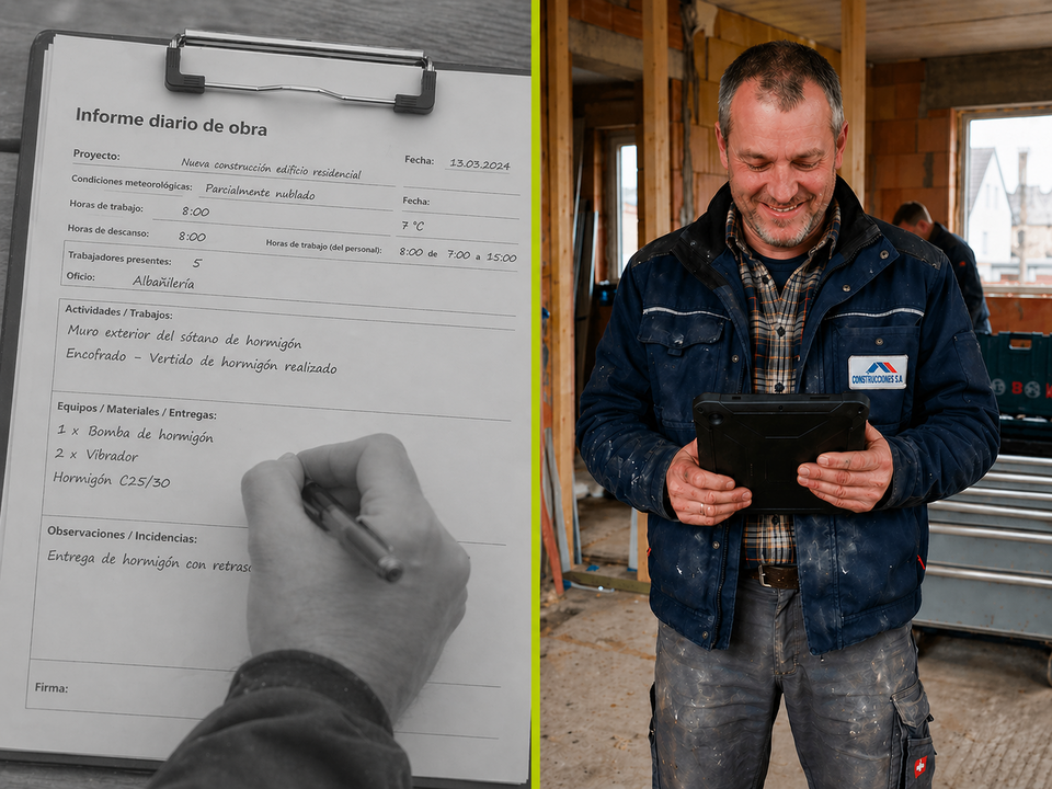 Vergleichsbild: links ein handschriftlicher Baustellenbericht auf Papier (spanisch), rechts ein Handwerker auf einer Baustelle, der ein Tablet nutzt – symbolisiert den Wechsel von analoger zu digitaler Dokumentation.