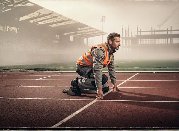 Mitarbeiter im Arbeitsoutfit am Start – Symbolbild für Arbeitsbeginn und digitale Zeiterfassung