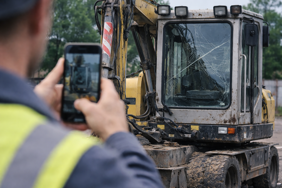 Un empleado hace una foto de los daños en la excavadora