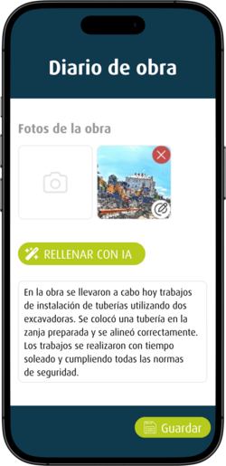 Digitales Bautagebuch in einer mobilen Bau-App: Dokumentation der Baustelle mit Fotos, KI-unterstützter Texterstellung und Tagesbericht zu ausgeführten Arbeiten direkt auf dem Smartphone
