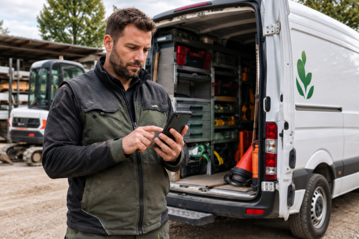 Mann in Arbeitskleidung nutzt ein Smartphone neben einem geöffneten Transporter, der mit Werkzeugen und Geräten ausgestattet ist. Im Hintergrund stehen weitere Bau- oder Arbeitsmaschinen.