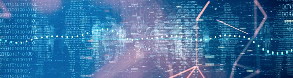 Visualización de un mapamundi digital con códigos binarios, puntos de datos y líneas que simbolizan las redes mundiales y el flujo de datos.