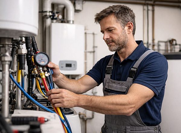 Ein SHK-Handwerker am kontrollieren von einer Heizung