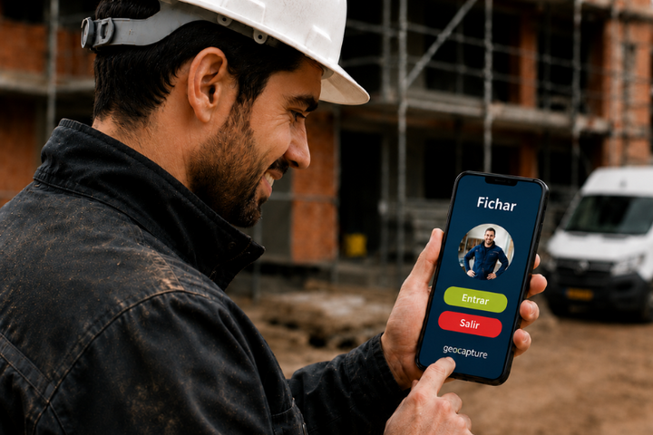 Un trabajador de obra con casco utiliza un smartphone con la aplicación geoCapture para fichar. En la pantalla aparecen las opciones «Entrar» y «Salir», mientras al fondo se ve una obra en construcción y una furgoneta blanca.