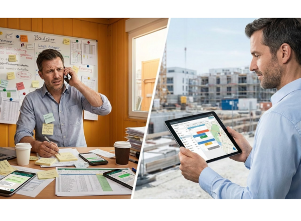 Digitale Baustellenorganisation: Bauleiter wechselt von Papierchaos im Büro zur mobilen Einsatzplanung auf der Baustelle