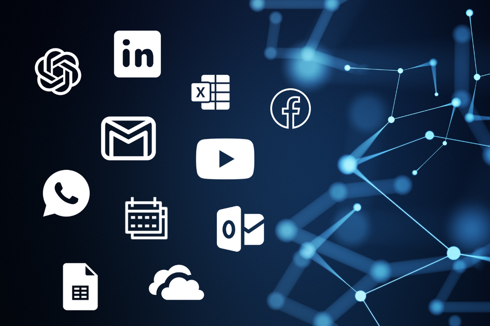 Representación de varias plataformas digitales como LinkedIn, Gmail, Excel, Facebook, WhatsApp y YouTube delante de un fondo de red abstracto: imagen simbólica para la integración perfecta de aplicaciones externas a través de interfaces geoCapture-Zapier.