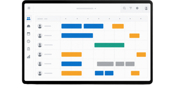 Panel digital de gestión de ausencias con disponibilidad del equipo, ausencias y planificación en una vista de calendario clara.