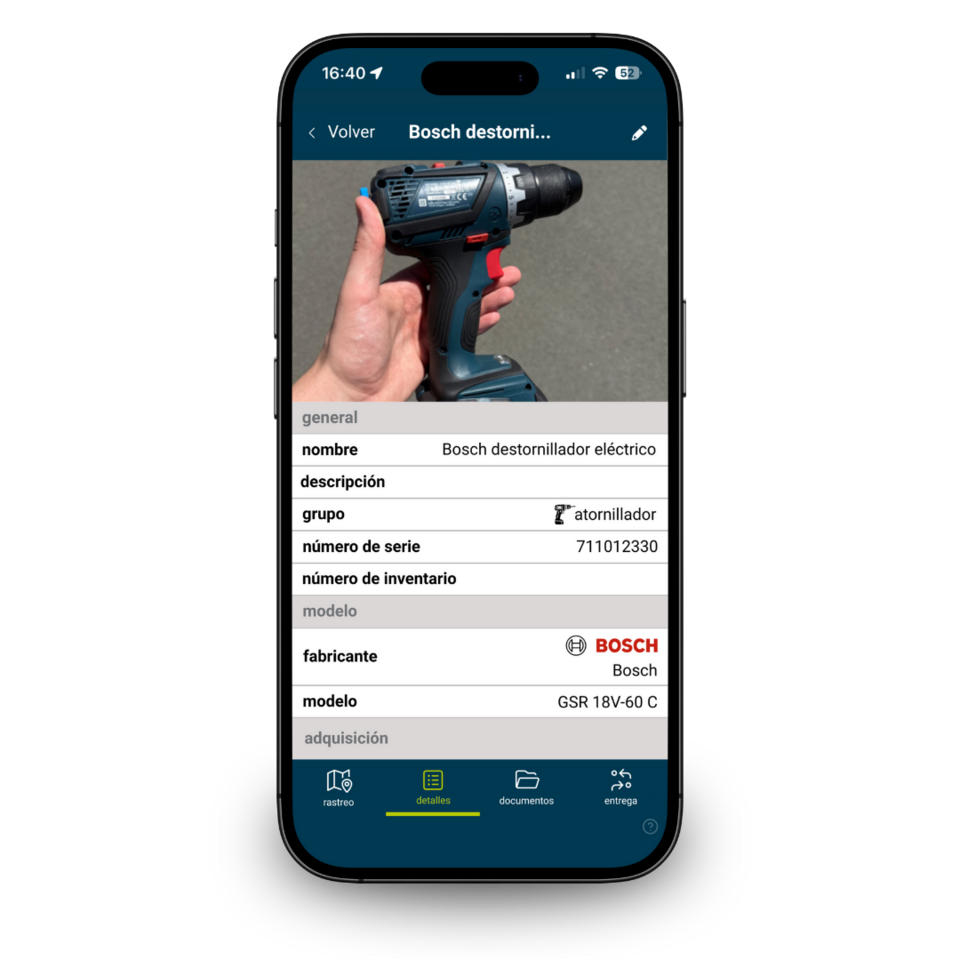 Mobile Asset-Management-App mit Werkzeugverwaltung und Detailansicht eines Bosch Akku-Schraubers