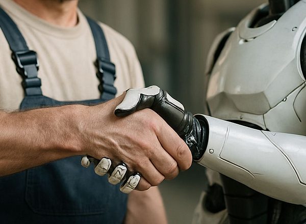 Un humano en ropa de trabajo estrecha la mano de un robot