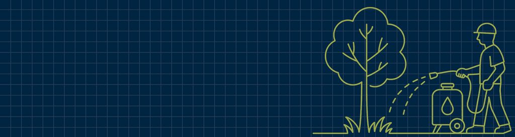 Grafische Illustration eines Arbeiters, der mit einem Schlauch einen Baum gießt