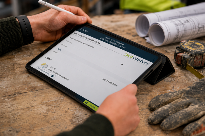 Ein Mitarbeiter bedient mit einem Eingabestift ein Tablet auf einer Werkbank. Auf dem Bildschirm ist eine geoCapture-Formularansicht geöffnet; daneben liegen Baupläne, ein Maßband und Arbeitshandschuhe.