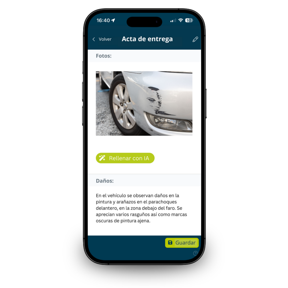 Mobile App für digitales Übergabeprotokoll mit Fahrzeugfoto, dokumentierten Schäden und KI-gestützter Erfassung