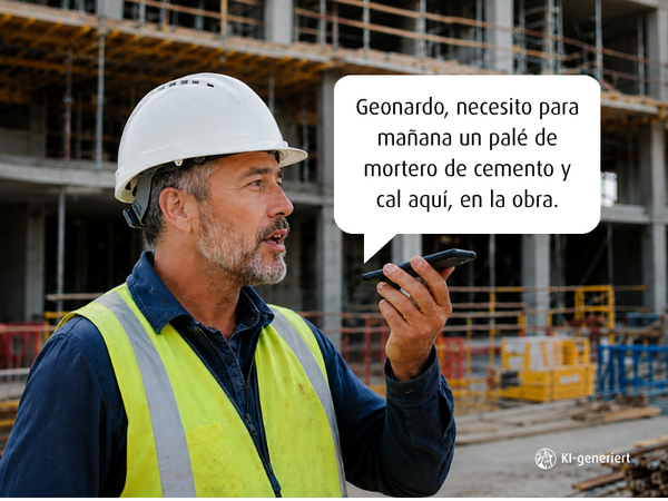 Trabajador de la construcción con casco y chaleco reflectante habla por su smartphone en una obra. En el bocadillo de texto aparece: «Geonardo, necesito para mañana un palé de mortero de cemento y cal aquí, en la obra.»