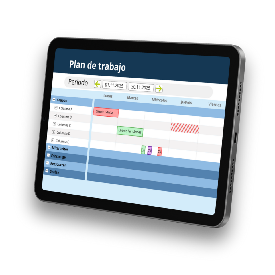 Digitale Einsatz- und Arbeitsplanung mit Zeitachsen auf Tablet