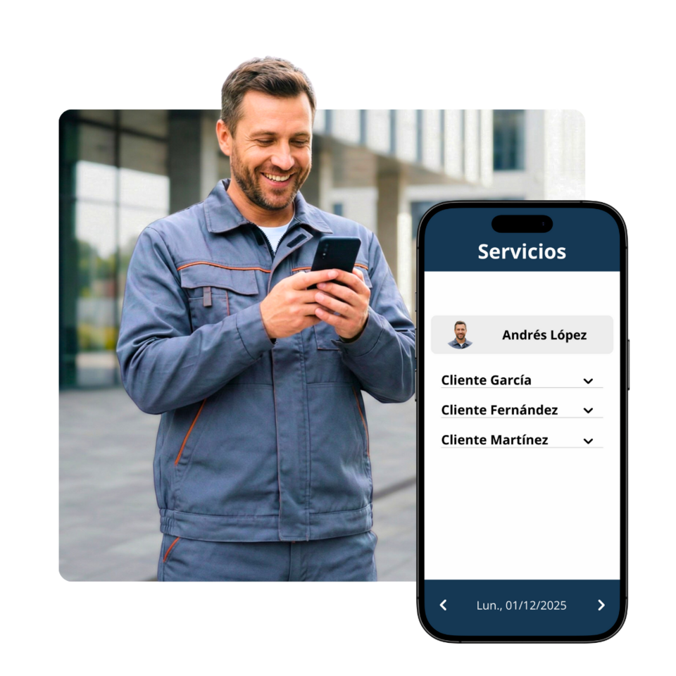 Mitarbeiter nutzt mobile Service- und Einsatzplanung per App mit Kundenübersicht