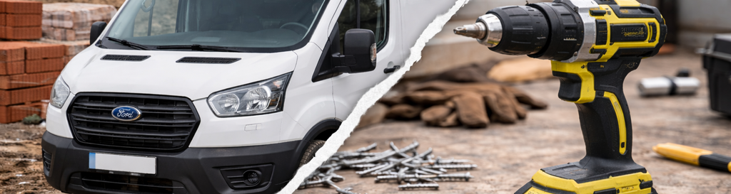 Geteiltes Bild: Links ein Transporter auf einer Baustelle, rechts ein Akkuschrauber auf einem Arbeitstisch mit Schrauben und Werkzeugen.