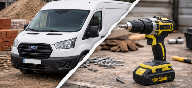 Geteiltes Bild: Links ein Transporter auf einer Baustelle, rechts ein Akkuschrauber auf einem Arbeitstisch mit Schrauben und Werkzeugen.