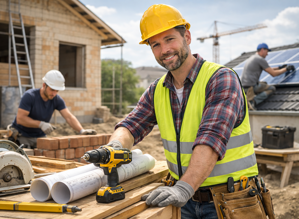 Bauarbeiter mit Werkzeug und Bauplänen auf moderner Baustelle
