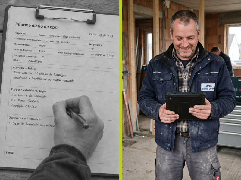 Trabajador de la construcción documentando datos de trabajo en obra con un portapapeles y una tablet